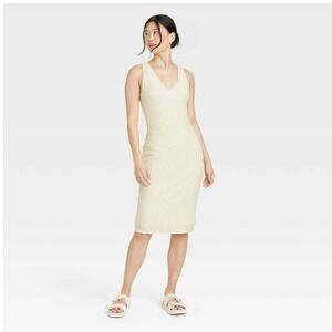 A New Day Cream Puckered Knit Midi Bodycon Tank V-neck Stretch Dress Size Medium